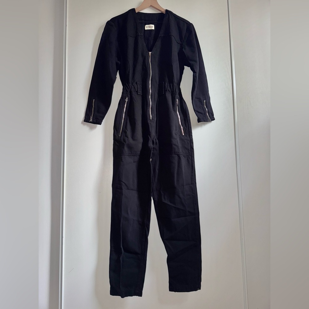 Etica Denim Jean Jumpsuit Women Size XS Janai Moto Black Beauty Cotton Blend